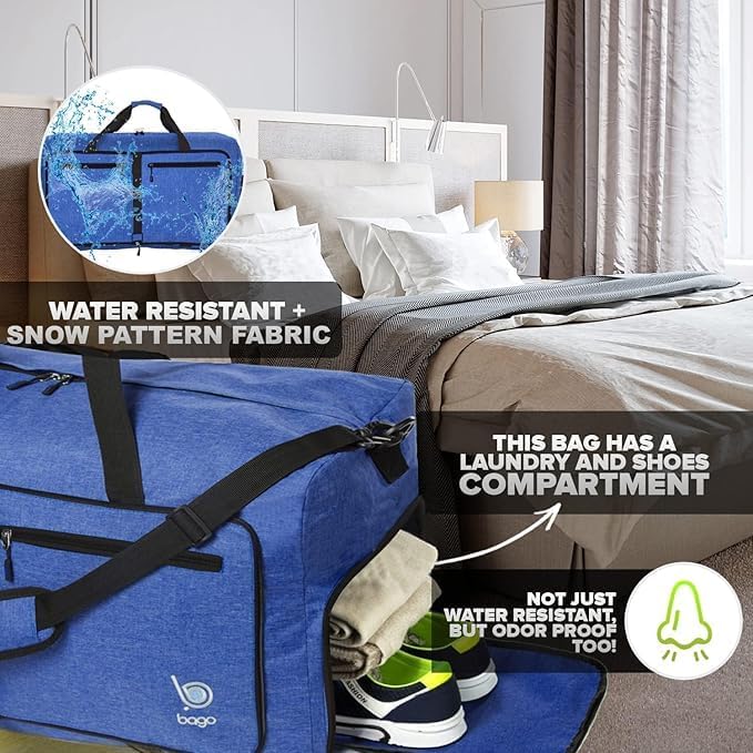 Bago Foldable Duffel Bags for Traveling Women & Men - 60L Medium Packable Duffle Bag for Travel with Shoe Compartment - Water Repellant, Heavy Duty, Lightweight Folding & Collapsible (SnowDepBlue)