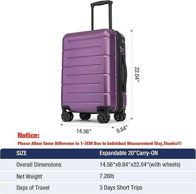 KYME Hardside Expandable Carry On Luggage 22x14x9 Airline Approved with TSA Lock Hardshell Carry On Suitcase with Wheels Small Travel Rolling 20 Inch Luggage with Cup Holder for Women Dark Purple