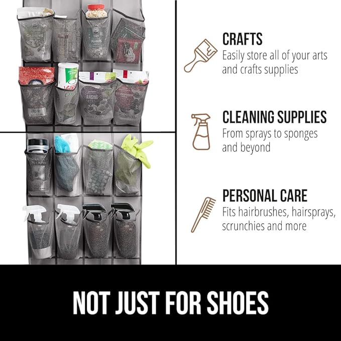 GORILLA GRIP Over the Door Shoe Organizer, 2 Pack, 24 Breathable Mesh Pockets, Space Saving Hanging Storage Holder, Closet Rack Hanger Holds Up to 40 lbs, Hangs on Closets, Shoes, Accessories, Gray