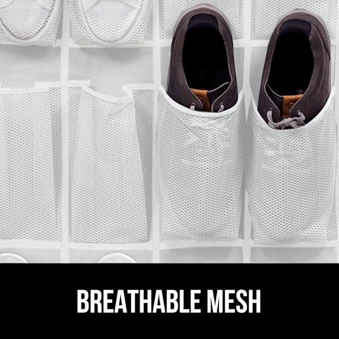 GORILLA GRIP Over the Door Shoe Organizer, 24 Large Breathable Mesh Pockets, Space Saving Hanging Storage Holder, Closet Rack Hanger Holds Up to 40 lbs, Hangs on Closets for Shoes, Accessories, White