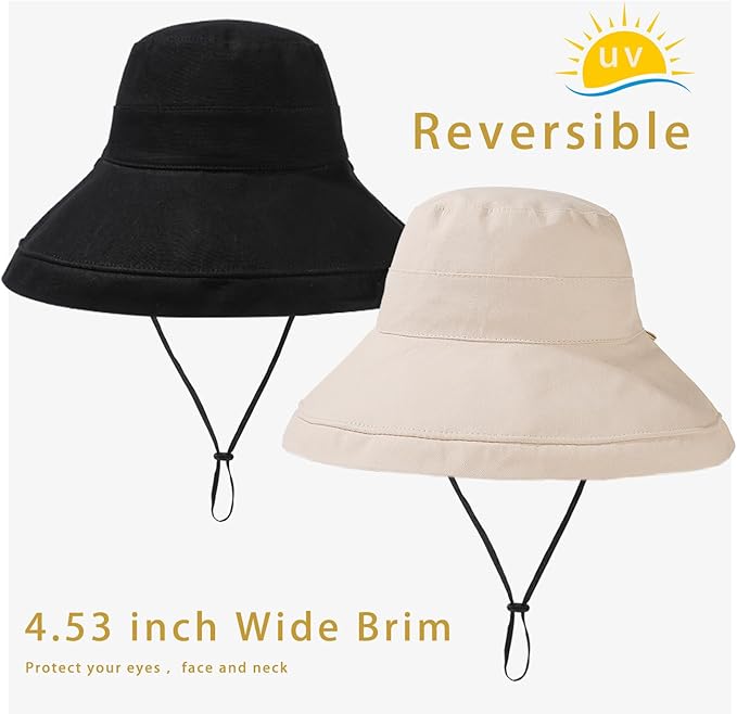 vidsel Womens Sun Hats Wide Brim Reversible Bucket Cotton Hat Packable Summer Travel Cap with Hat Clip,UV Protection