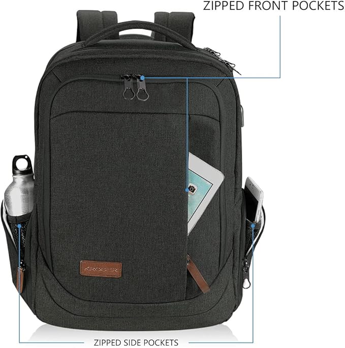 KROSER Laptop Backpack Large Computer Backpack Fits up to 17.3 Inch Laptop with USB Charging Port Water-Repellent Travel Backpack Casual Daypack for Business/College/Women/Men-Charcoal Black