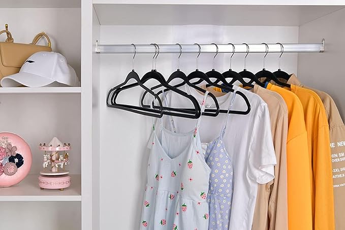 Quality Hangers 50 Pack Slim Plastic Hangers for Clothes - Heavy Duty Non-Velvet Black Hangers with 360° Swivel Chrome Hook & Non Slip Notches - Ideal for Dresses Coats Shirts Jackets & More - Black