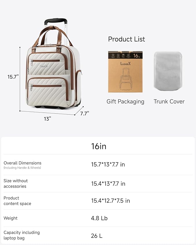 LUGGEX Underseat Carry On Luggage with Wheels, Stylish Lightweight Under Seat Luggage, Soft Sided Personal Item Suitcase for Short Trip (Cream White, 16 Inch)