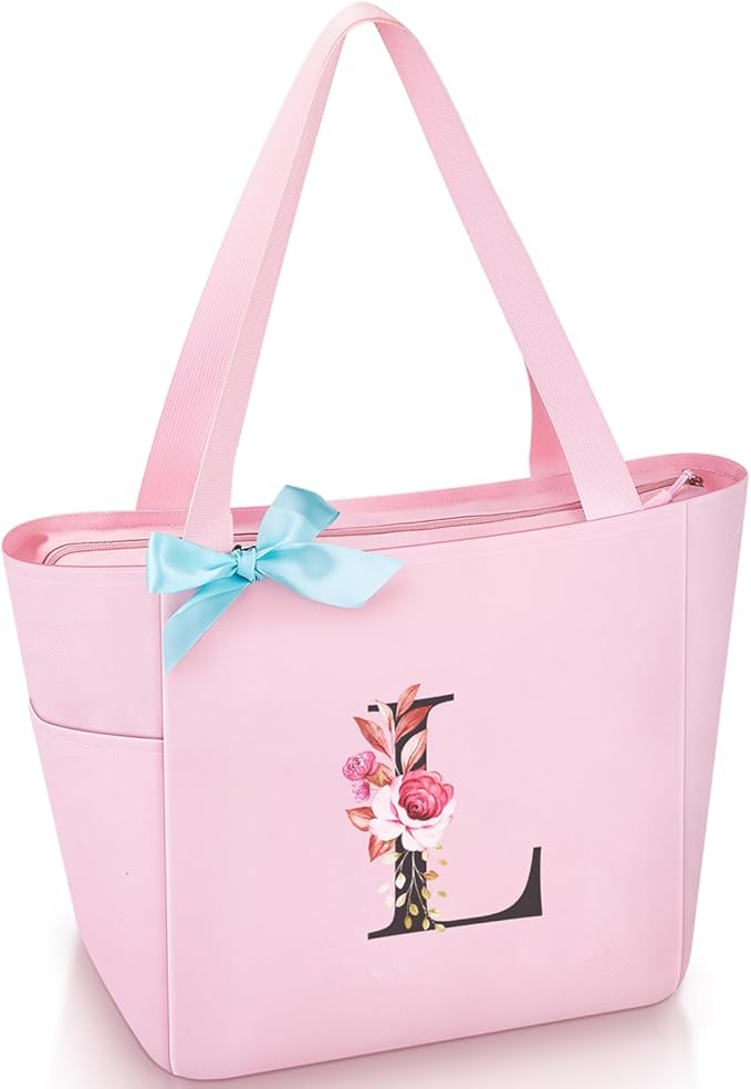 Vavabox Tote Bag, A-Z Initial Monogrammed Waterproof Tote Bag, Bridesmaid Gifts for Women, Black and Pink