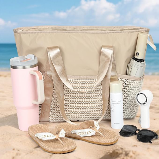 Waterproof Sandproof Beach Bag with Zipper and 6 Pockets - Foldable Lightweight Tote for Pool, Travel