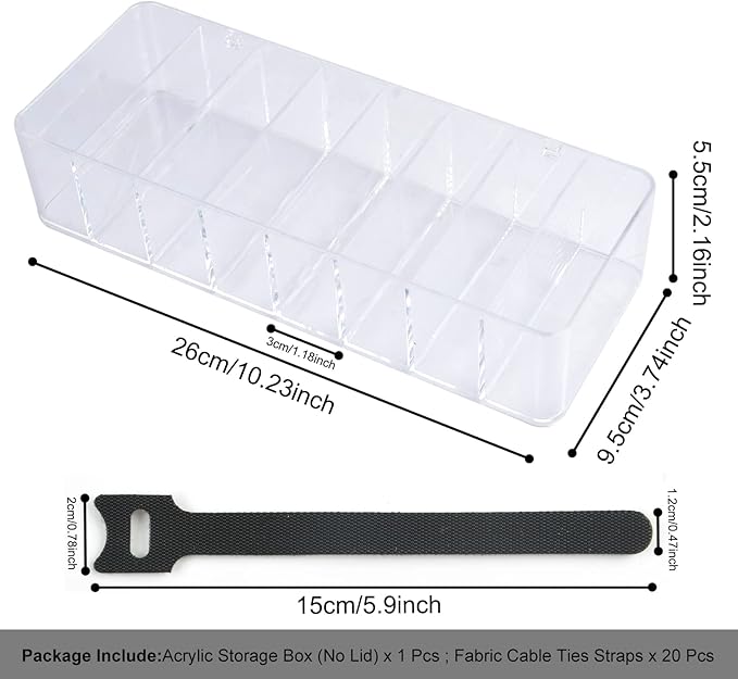 Acrylic Electronics Organizer-8 Sections Clear Cable Storage Bin Box,Cord Management Holder,Desk Storage Accessories with 20 PCS 6 Inch Reusable Fastening Fabric Cable Tie Straps Cord Wraps (No Lid)