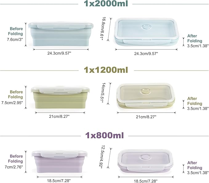 Large Collapsible Food Containers with Lids for Camping & Travel | Leak-Proof Silicone Storage Bowls,2000ml/1200ml/800ml, Dishwasher, Microwave Freezer Safe - Set of 3