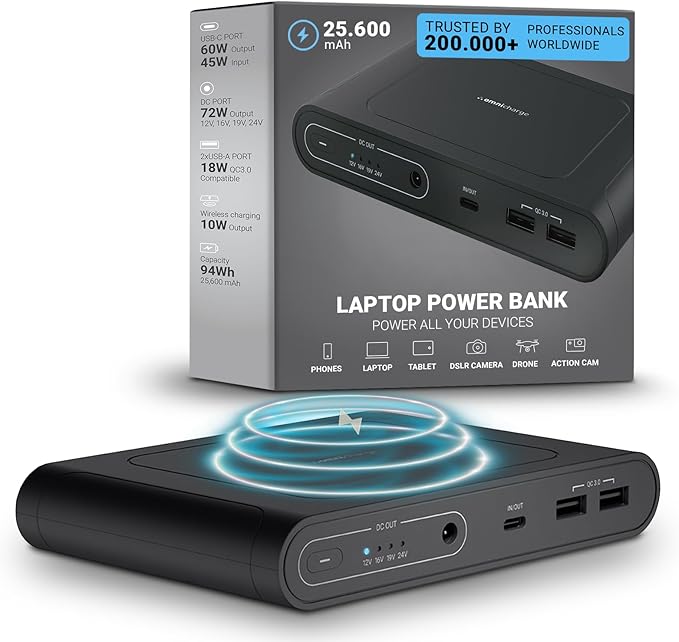 Omni Mobile 25600mah 25600 Laptop Power Bank, Universal Charger for All Devices, Fast Charging DC, USB-C & QC 3.0 Ports, Wireless Charging, Travel-Friendly Power Solution