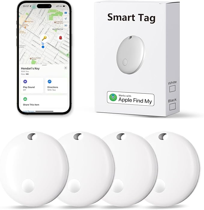 Tracker Tags, Item Finder Work with Apple Find My (iOS Only), Tracking Device Locator Smart Tag for Luggage, Keys, Wallet, Bike, Pets, Bags (White, 4 Pack)