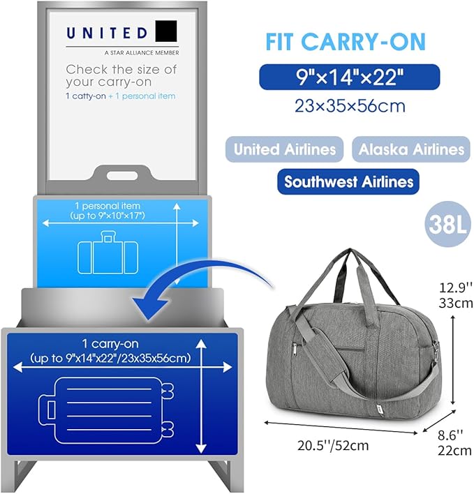 Narwey Carry on Bag 22x14x9 Airlines Approved, Carry on Duffle Bag for Airplane with Wet Pocket, Travel Duffel Bag Luggage Bag Weekender Overnight for Women Men (Grey)