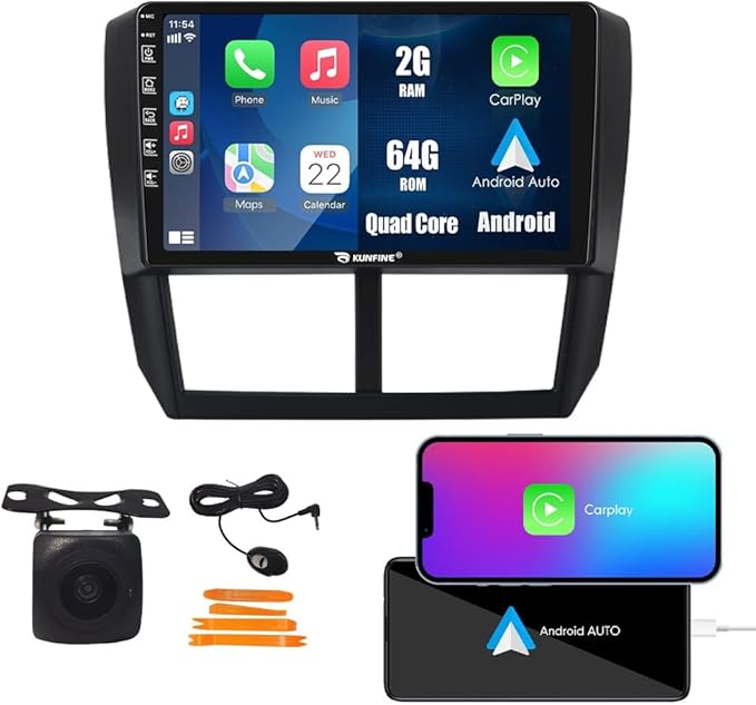 Kunfine Car CarPlay Android Auto Navigation Stereo GPS Radio Reverse Camera Display 9" IPS Touchscreen Headunit Tablet Pad Media Player for Subaru Forester 2007-2013, if Applicable Quad Core 2G+64G