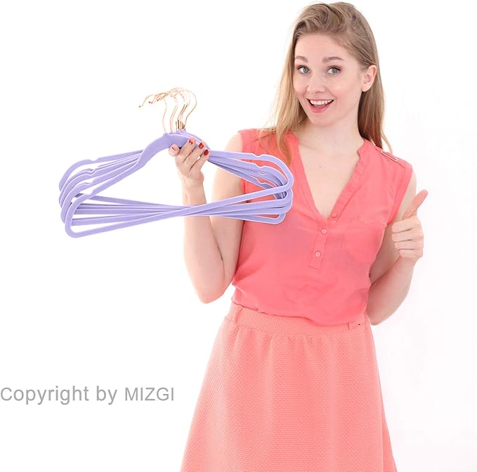 MIZGI Premium Velvet Hangers (50 Pack) Heavy Duty - Non Slip Felt Hangers - Velvet Suit Hanger Light Purple - Rose Gold Hooks,Space Saving Clothes Hanger