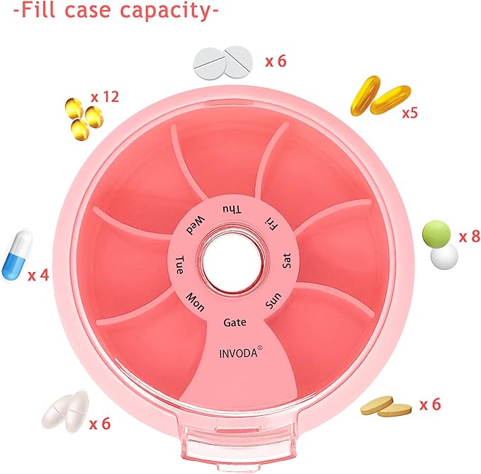 INVODA Weekly Pill Organizer 7 Compartment Rotating Pill Box for Daily Medication & Vitamins - Portable Travel Pill Case Fish Oil Supplements Vitamins Organizer (Pink+Sky Blue+Green)