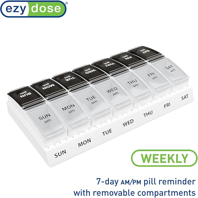 EZY DOSE Weekly (7-Day) Daily AM/PM Pill Case, Medicine Planner, Vitamin Organizer, Supplement Container, Small Pop-out Compartments, Designed for Travel, 2 Times a Day, Black and Clear Lids