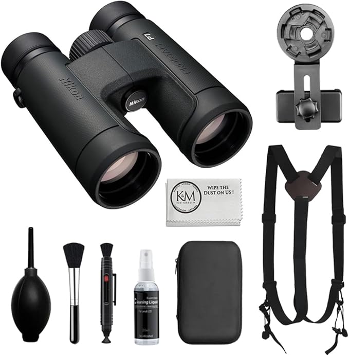 Nikon PROSTAFF P7 8x42 Binoculars Bundled with Harness Strap + Deluxe Cleaning Kit + Smartphone to Binocular Adapter + Microfiber Cleaning Cloth (5 Items)