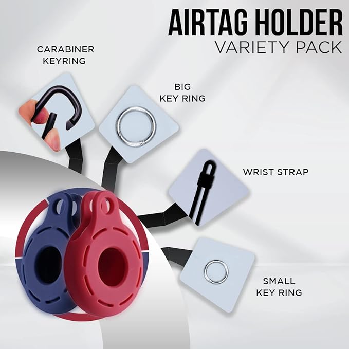 Apple AirTag 4 Pack Shockproof, Dustproof & Washable Cases, Silicon Holders with Accessories for Wallets, Luggage, Pet Collars, Key Finders (Blue - Red)
