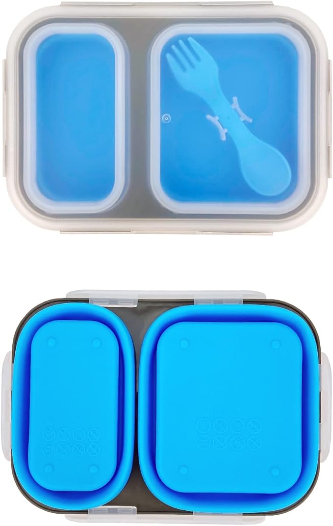 2 Compartments Collapsible Airtight Bento Box with Ideal Portion 600ml & 450ml and 2 in 1 Spoon & Fork, Food Grade Silicone Lunch Container for Adults Work Travel, Microwave Safe