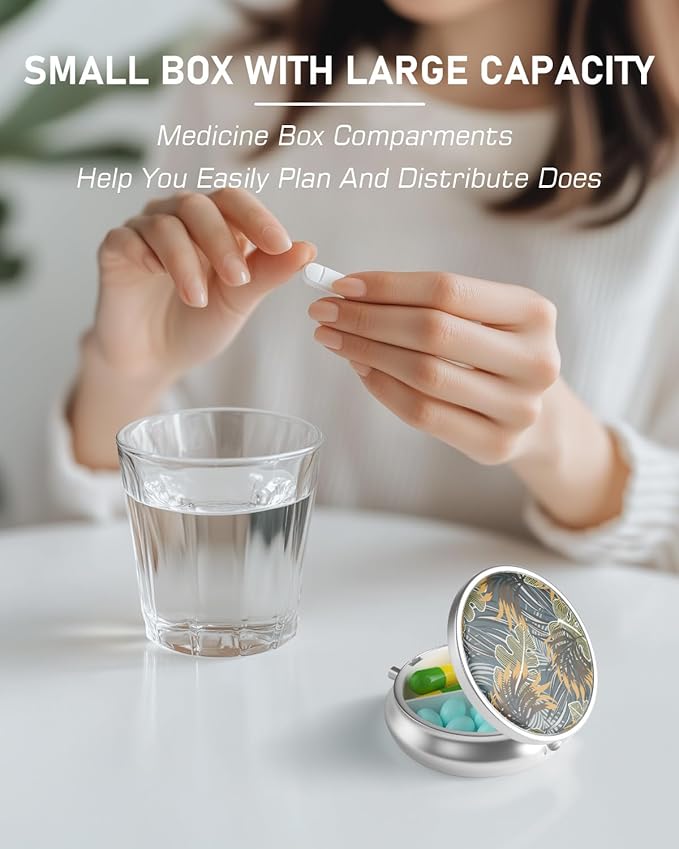 Pill Box, 3 Compartment Portable Travel Medicine Box with Mirror, Compact and Cute, Fits in Purse and Pocket, Medicine and Vitamin Organizer (Green Leaves)