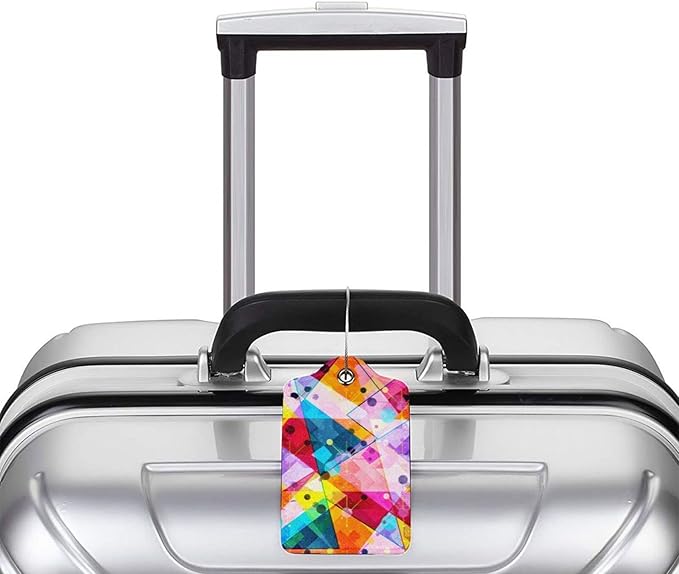 2-Pack PU Leather Luggage Tag with Colorful Geometric Pattern, Rainbow Airport Suitcase Baggage Label Tags, Business ID Card Holders Gifts for Women Men Girls Boys Kids Crew