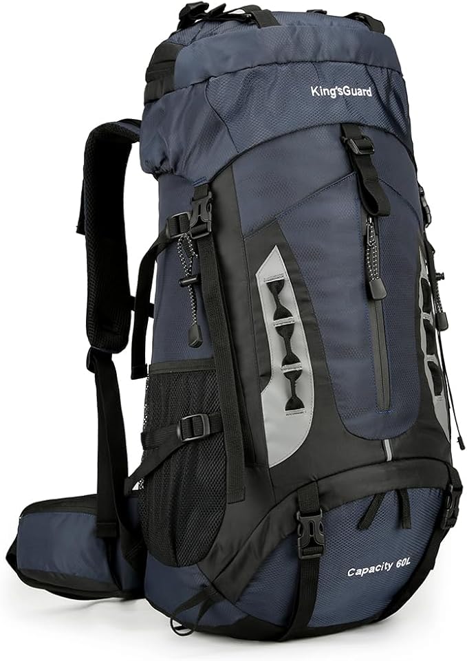King'sGuard 60L Hiking Backpack Large Waterproof Camping Backpack for Men and Women Lightweight Frameless Backpacking Backpack with Rain Cover (Navy Blue)