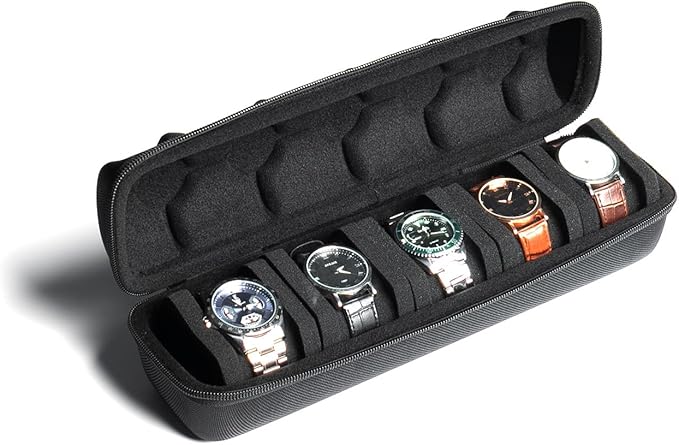 Hard Watch Travel Case, 5 slot Watch Roll Case Storage and Organizer for Men and Women, with anti-move watch pillow