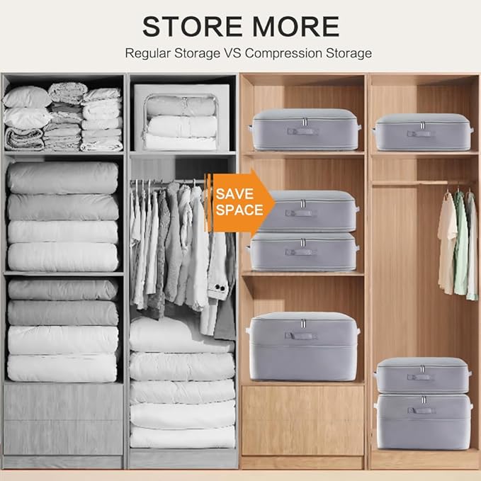 Ultra Space Saving Self Compression Storage Bags with Zipper, （Grey) -Compression Organize for Bedding, Comforter Storage Bag for Blankets Duvet Quilts Pillows