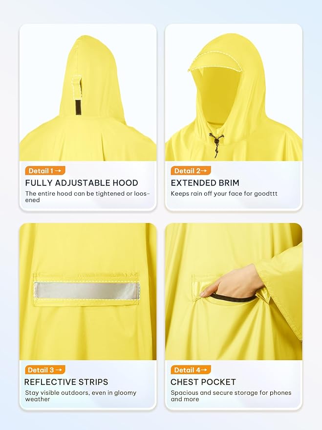 SaphiRose Extra Thick Hooded Rain Poncho Double Layer Waterproof Raincoat Jacket for Men Women Adults