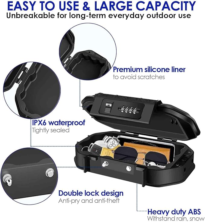 Waterproof Lock Box, Portable 4-Digit Combination Safe Boxes with Removable Cable, Anti-Theft Small Security Lockbox, Resettable Code Cash Case, Outdoor Key Hider for Travel, Gym, Hotel, Dorm, Beach