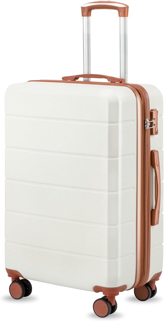 24 Inch Luggage with Spinner Wheels, Expandable Hardside Medium Checked Suitcase, White Brown