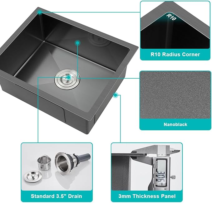 24x18 Inch Undermount Kitchen Sink Nano Black,18 Gauge Stainless Steel Single Bowl Kitchen Sink 9 Inch Deep Bowl Sink Undermount, 24"x18"x9"