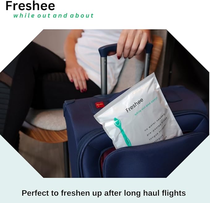 Freshee Bead -5 in 1 Disposable Mini Toothbrush with Refreshing Bead + Floss + Pick + Tongue Scraper | Travel Size | Individually Wrapped | Soft | Extra Minty | Travel Set