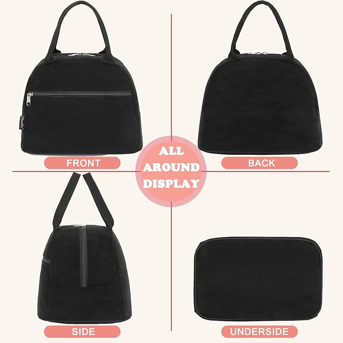 FlowFly Lunch Bag for Women Insulated Lunch Box Corduroy Lunch Tote Cooler for Travel Work Picnic,Corduroy Black