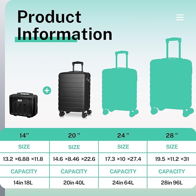 AnyZip Suitcase, 20" Carry On Luggage 14" Mini Cosmetic Cases Luggage Sets Hardside PC ABS Lightweight USB Suitcase with Wheels TSA for kids (2-Piece Set (14/20),Black)