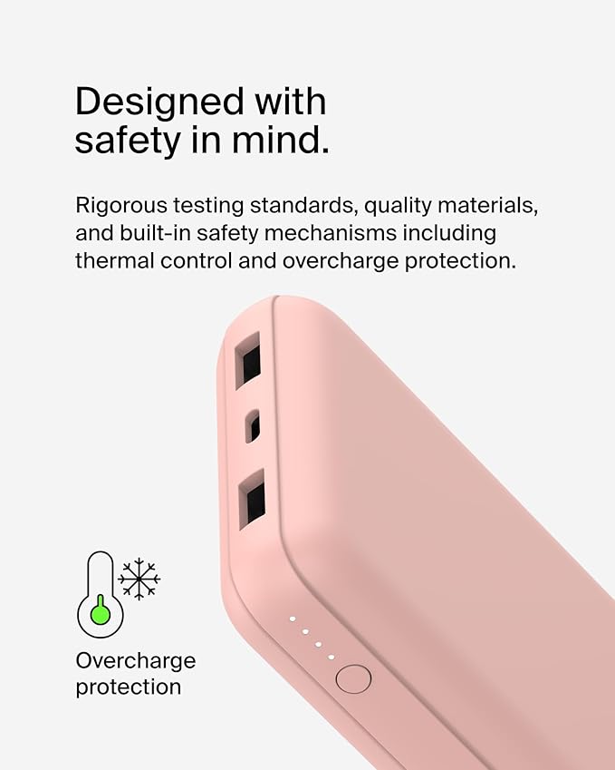 Belkin Portable Charger, USB C Power Bank 20000 mAh w/ 1xUSB-C Port & 2xUSB-A Ports, 15W w/ Type-A to Type-C Cable for iPhone 16, Plus, Pro, Max, Samsung Galaxy S25, Google Pixel 10, etc. - Rose Gold
