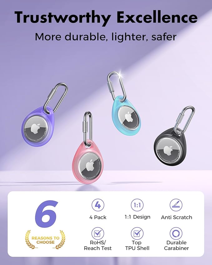 UNBREAKcable AirTag Holder for Apple - 4 Pack Air Tag Case [Professional Carabiner] [Waterproof] [Shockproof] TPU AirTag Keychain for Kids, Pets, Keys, Luggage, Backpacks
