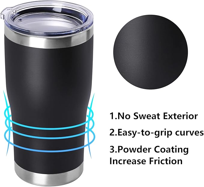DOMICARE 20oz Tumbler with Lid Stainless Steel Tumblers Bulk, Double Wall Vacuum Insulated Coffee Travel Mug Powder Coated Tumbler, 4 Pack Black