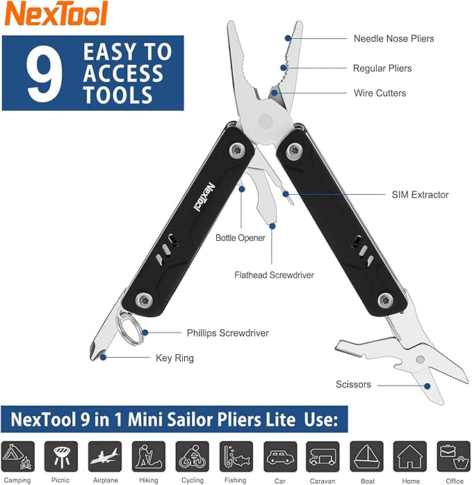 NexTool Mini Multitool - 9 in 1 Keychain Multitool with Needle Nose Pliers, Scissors, SIM Extractor and Screwdrivers for Travel, EDC, TSA Approved
