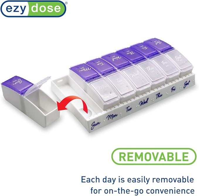 Ezy Dose Weekly (7-Day) Daily Pill Case, Medicine Planner, Vitamin Organizer, 2 Times a Day AM/PM, Small Pop-out Compartments, Arthritis Friendly, Easy to Use, Pearlescent and Lavender Lids, BPA Free