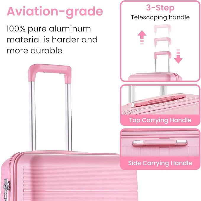 Campfun Luggage 4 Piece Sets, Expandable Carry On Luggage Set Hardshell PP, Suitcase Set with Double Spinner Wheels, Checked Durable Lightweight with TSA Lock, 14in 20in 24in 28in-Pink(A)