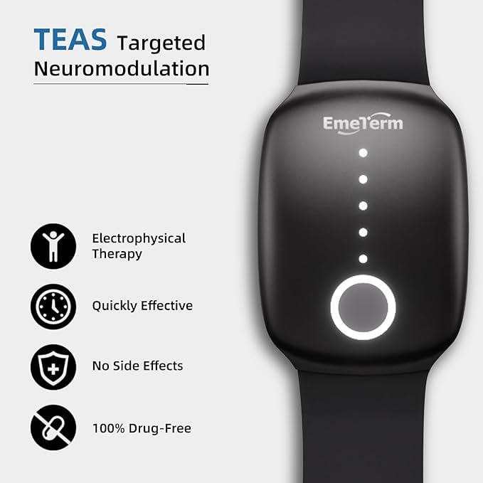 EmeTerm Fashion FDA Cleared Relieve Nausea Electrode Stimulator Morning Sickness Motion Travel Sickness Vomit Relief Rechargeable No Gel Drug Free Wrist Bands Without Side Effects (Jet Black)