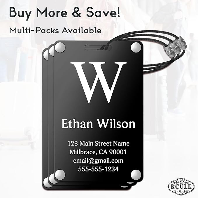 Personalized Luggage Tags: Custom Metal Luggage Tags for Suitcases, Backpacks and Bags with Your Personalized Text (Black)
