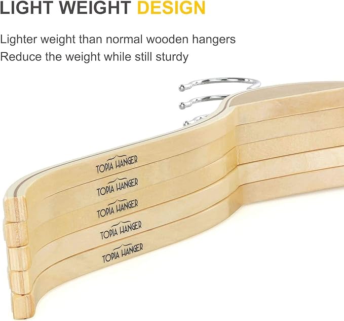 TOPIA HANGER Slim Natural Wood Hangers with Extra Soft Non-Slip Rubber Grips, 18-Pack High-Grade Fashion Hanger No Shoulder Bump for Sweater, Camisole, Jacket, Dress, Coat -CT16N