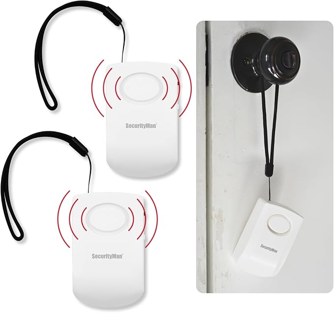 Securityman Door Handle Alarm with 130dB Vibration Triggered Portable Door Alarms When Opened - Perfect for Kids, Toddler, Elderly, Hotel, Travel, Bedroom (2 Pack Door Security)