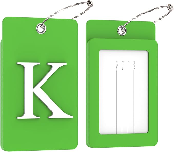 Gostwo 2 Pack Luggage Tags for Suitcases, 26 Initial Letter Travel Luggage Baggage Identification Labels ID Tag Fully Bendable Tags with Stainless Steel Loop (Green) (Letter K)