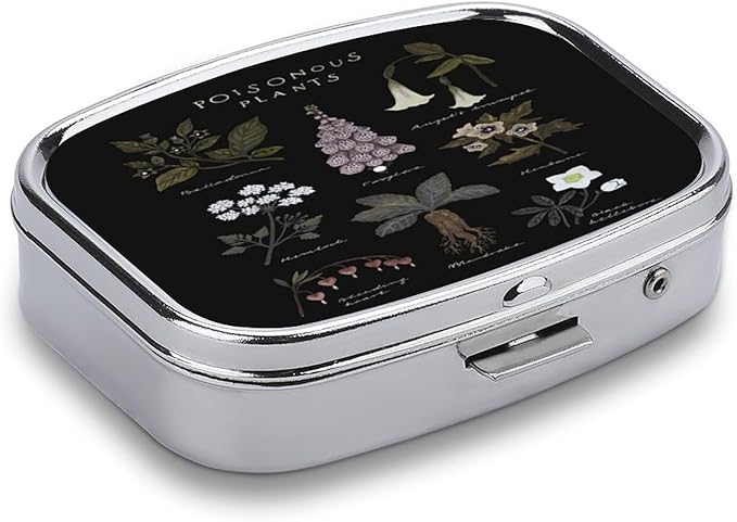 Metal 2 Compartment Pill Organizer Travel Friendly Portable Compact Pill Box Cute Pill Case to Hold Vitamins,Fish Oil,Supplements,Meds,Tablet for Purse,Pocket. (Poisonous Plants)