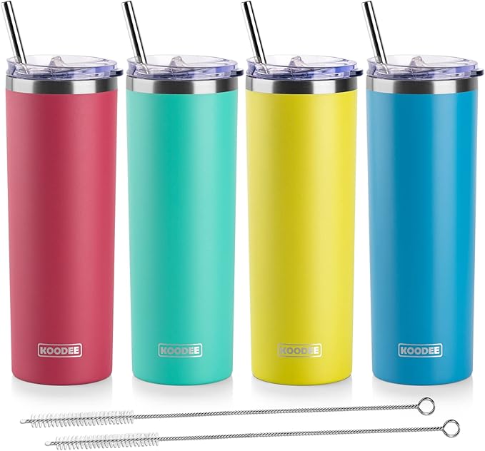 koodee 20 oz Tumbler with Lid and Straw -4 Pack Insulated Skinny Tumblers Stainless Steel Double Wall Water Cup (Yellow/Teal/Sky Blue/Wine Red)