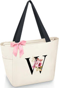 Vavabox Tote Bag, A-Z Initial Monogrammed Waterproof Tote Bag, Bridesmaid Gifts for Women, Black and Pink