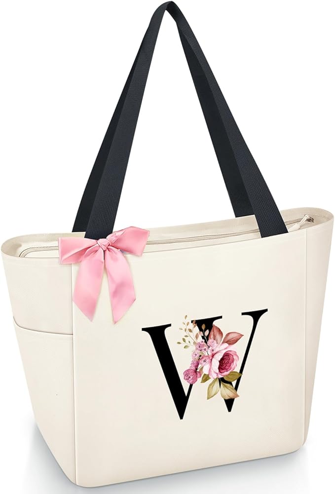 Vavabox Tote Bag, A-Z Initial Monogrammed Waterproof Tote Bag, Bridesmaid Gifts for Women, Black and Pink
