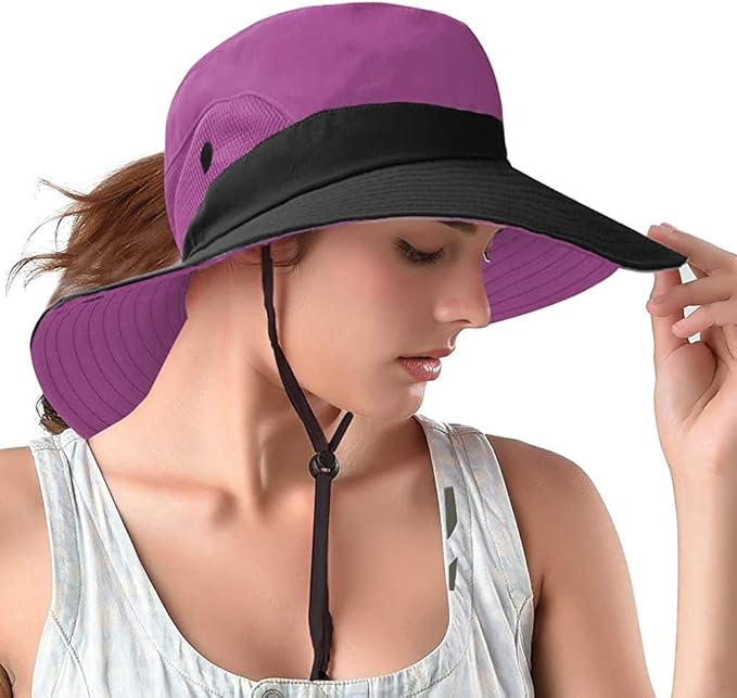 Rosoz Ponytail Sun Bucket Hats for Women UV Protection Foldable Mesh Wide Brim Hiking Beach Fishing Summer Safari